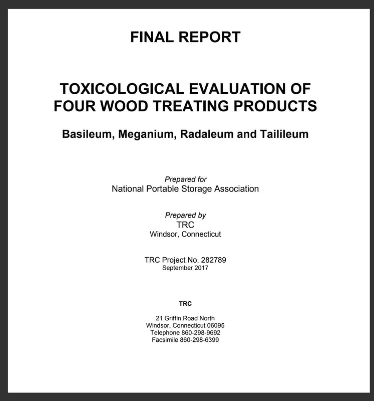 Cover of the final report Toxicological Evaluation of Four Wood Treating Products, prepared for the National Portable Storage Association